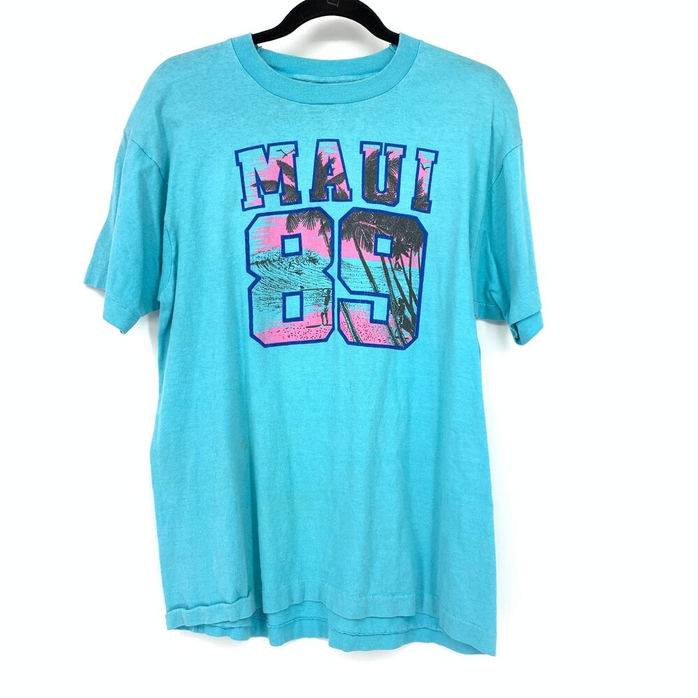 Vintage Maui 89 Short Sleeve Crew Neck Graphic T-Shirt Mens Sz Large Blue *FLAW